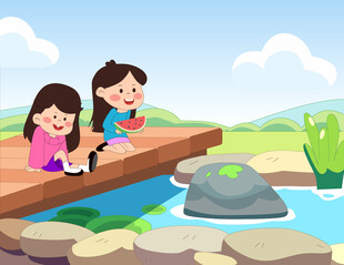 卡通小朋友湖边吃西瓜儿童插画