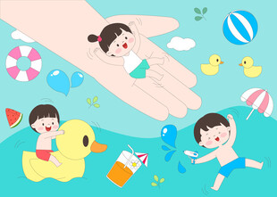 儿童暑假假期夏季户外游泳课插画