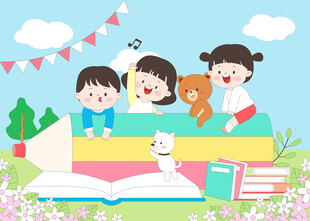 开学季孩子小熊骑着铅笔去上学