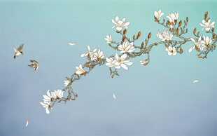 新中式玉兰工笔花鸟背景墙装饰画