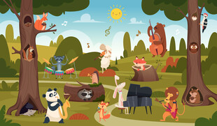 卡通森林可爱小动物音乐会背景墙