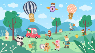 卡通森林动物手绘山峰儿童背景墙