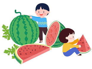 孩子夏季暑假避暑吃西瓜可爱插画