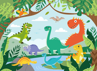 卡通森林可爱小恐龙儿童房背景墙