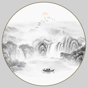 圆形水墨山水画