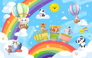 可爱动物小火车卡通彩虹气球背景
