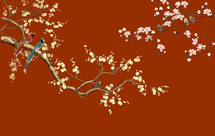 原创现代新中式手绘工笔花鸟花电