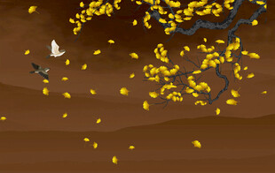 新中式客厅电视背景墙山水花鸟图