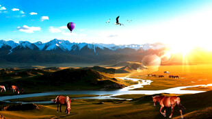 雪山晚霞风景画