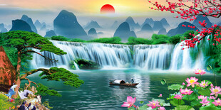 旭日东升迎客松黄山风景画