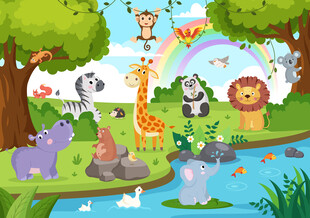 卡通动物乐园森林彩虹儿童背景墙
