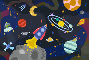 手绘宇宙星球卡通太空火箭背景墙