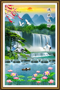 流水生财瀑布玄关山水画