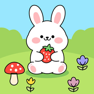 白兔持草莓于花草间