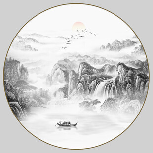 圆形水墨山水画