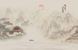 新中式禅意水墨山水画背景墙壁纸