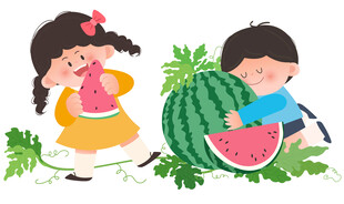 卡通扁平化儿童夏季吃西瓜教育类