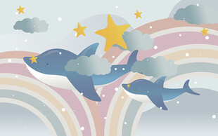 可爱卡通鲸鱼彩虹儿童房背景墙