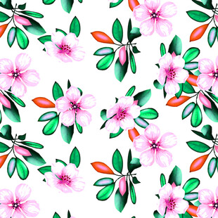 粉色花卉绿叶无缝图案