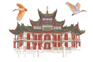 中式古建筑与飞鸟景观