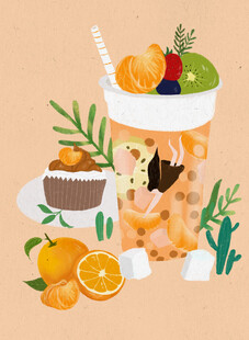 缤纷美味水果饮品与甜点插画手绘