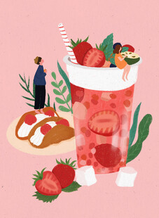 草莓果茶与甜点插画手绘