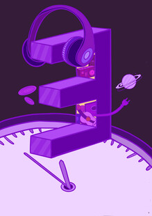 数字紫色创意时钟与耳机元素