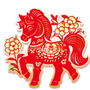 红色剪纸风骏马花卉图案