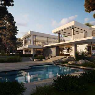 现代豪华别墅与泳池景观