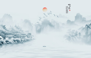 新中式禅意水墨山水画背景墙壁纸