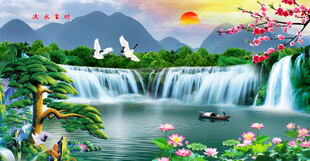 迎客松瀑布流水生财挂画