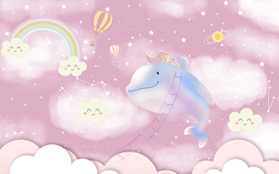 可爱鲸鱼小女孩儿童房背景墙