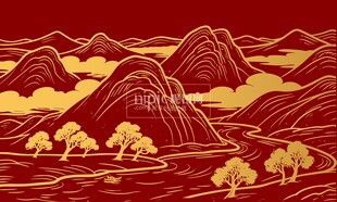金色山水画河流元素背景
