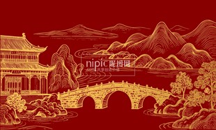 古风建筑桥梁山水背景