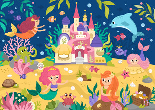 卡通城堡可爱美人鱼海底世界背景