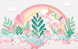 卡通彩虹独角兽花丛儿童房背景墙