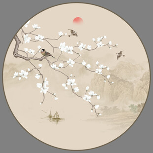 圆形工笔花鸟画背景图