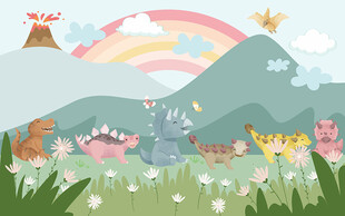 卡通小花恐龙世界儿童房背景墙