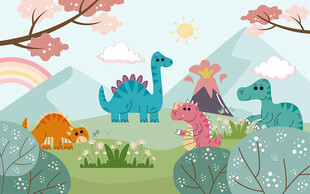 可爱恐龙世界儿童房背景墙