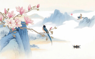 新中式工笔花鸟玉兰图片