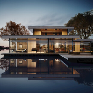 现代临水别墅夜景