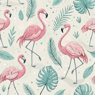 火烈鸟与绿叶的清新图案