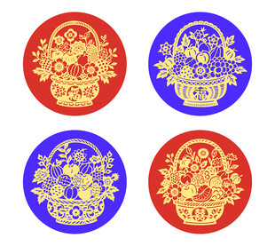 红色矢量果篮花篮剪纸免抠元素