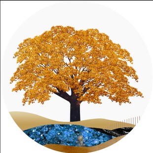 秋日树下的静谧蓝色水域