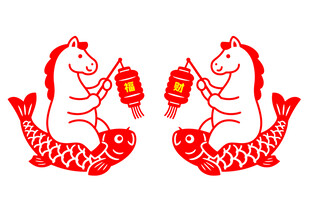 双鱼贺岁矢量剪纸风格马年图案