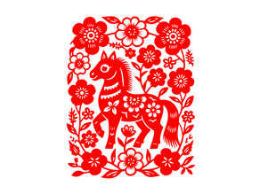 红色剪纸马与花卉图案