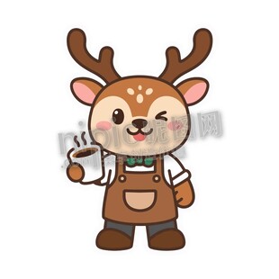 卡通可爱小鹿拿着咖啡