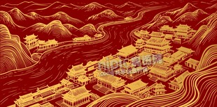 中国风古建筑山脉村子村落线描