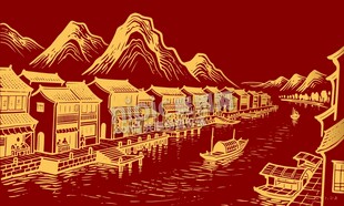 中国风河流建筑集市山水画