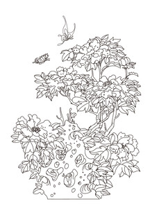 中式盆景与花 飞鸟图案